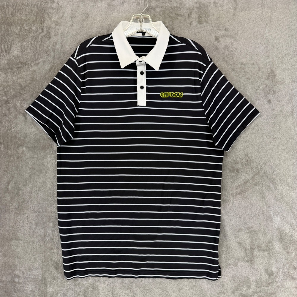 LIV Golf Mens Black White Striped Performance Polo Shirt 24SUM10-SU226 Large